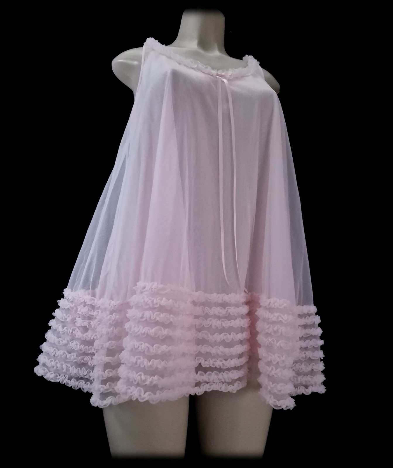60s Vintage ENGLAND Sheer CHIFFON Pink NYLON Babydoll Dress POOFY Bows Lace M/L