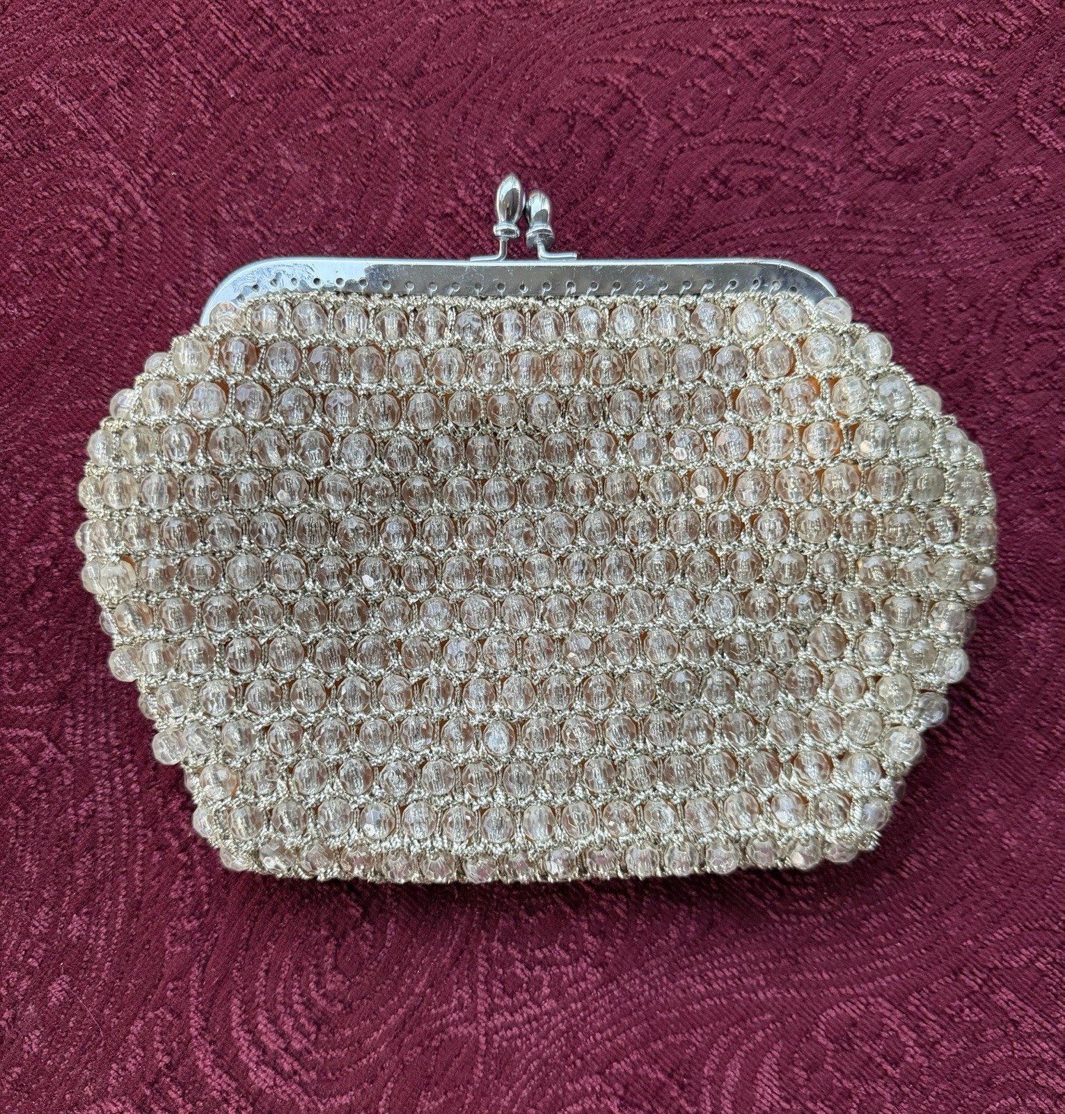Vintage 1950s 1960s Clear Beaded Kiss Lock Clutch Purse Mid Century Evening Bag