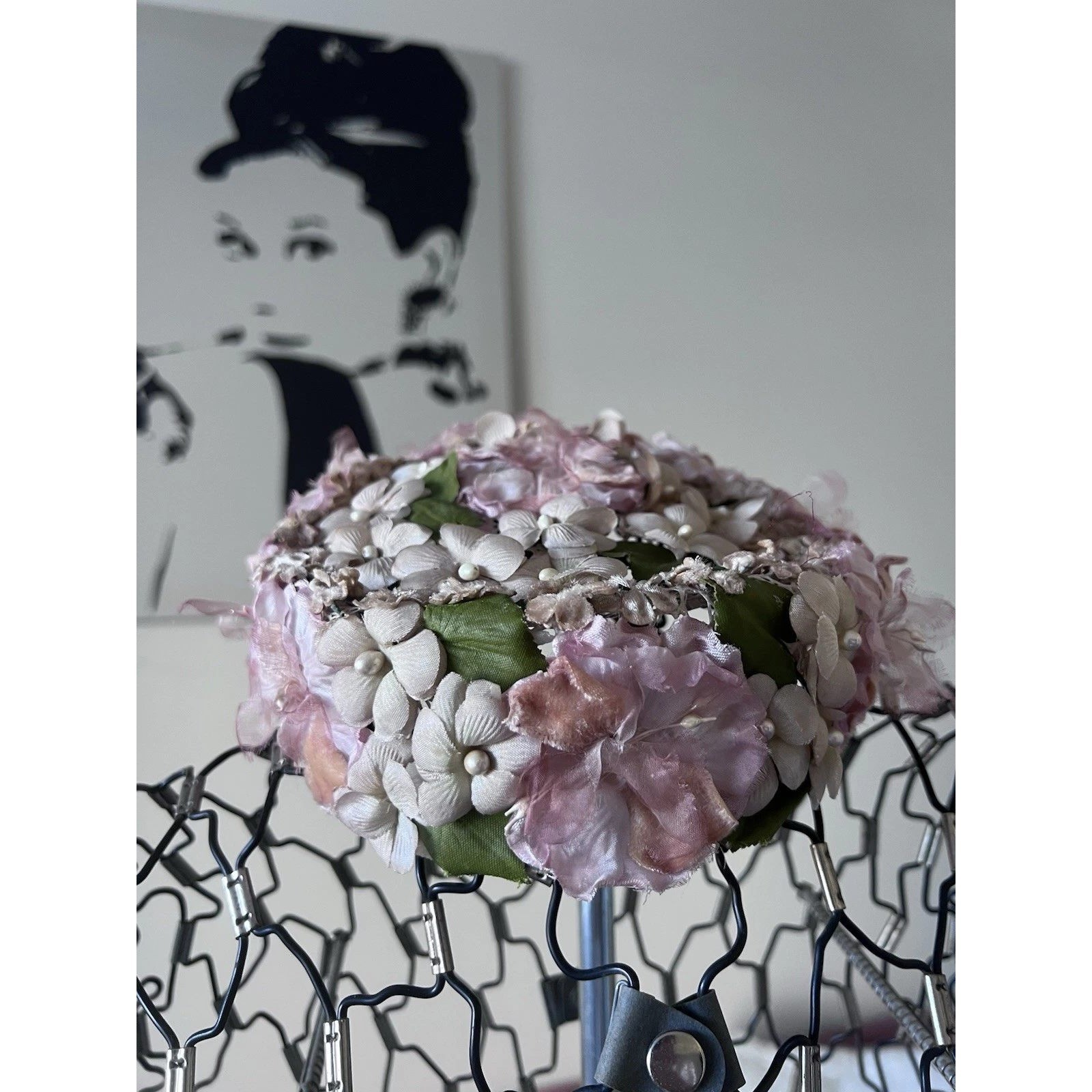 Vintage 1950s Pink Floral Pillbox Hat Mid Century Wedding Garden Party Millinery