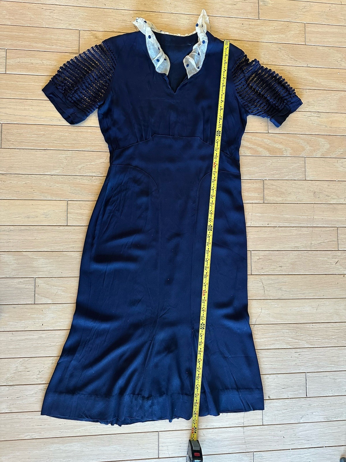 VTG 1930s Navy Rayon Crepe Day Dress Organza Polka Dot Collar Lattice Sleeve LRG
