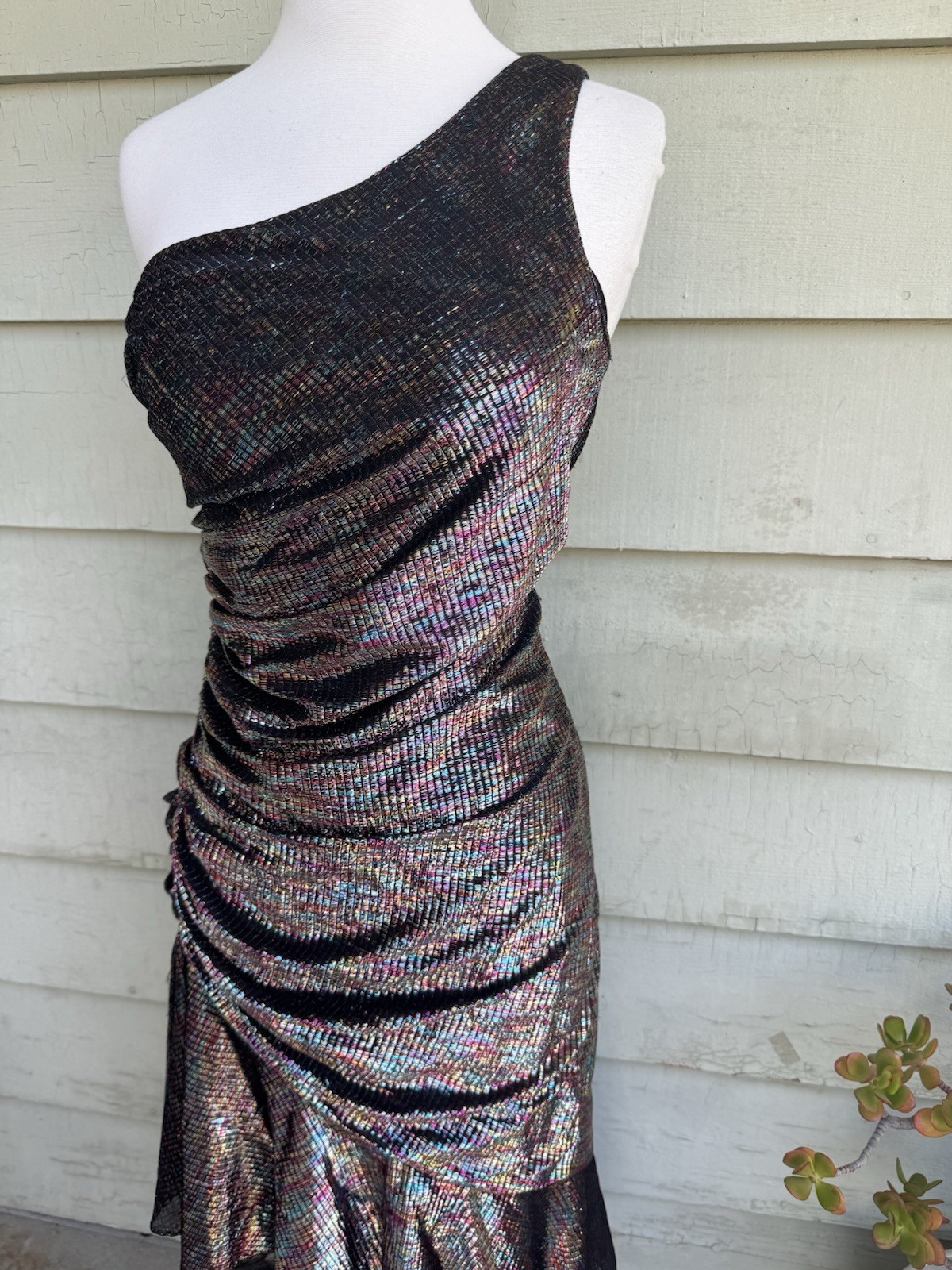 Vtg 70’s New Leaf Samir One Shoulder Shimmery Metallic Mermaid Disco Dress S