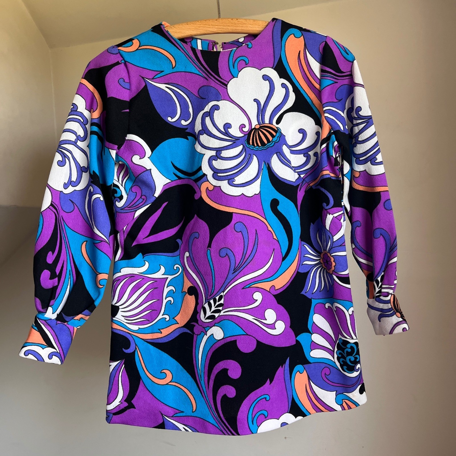 Vintage Psychedelic Print Hippie Top Small Purple Floral Mod 60s 70s Blouse