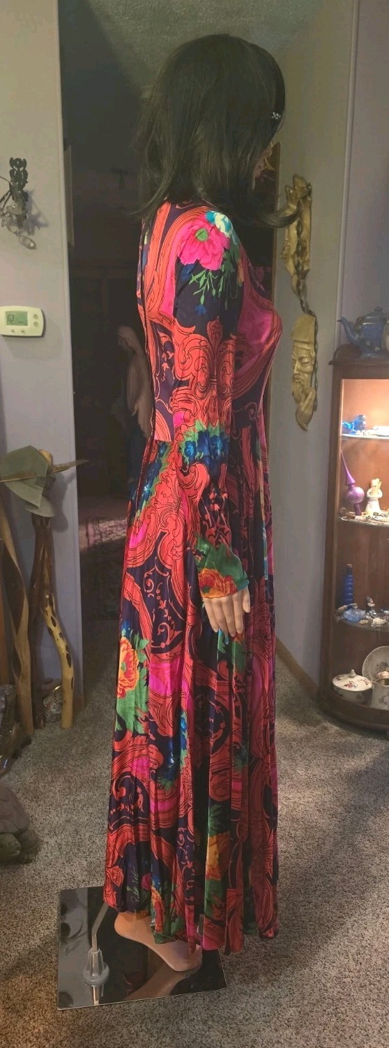 Vintage 70s Floral Psychedelic Maxi Dress Long Sleeve Boho Hippie Gown
