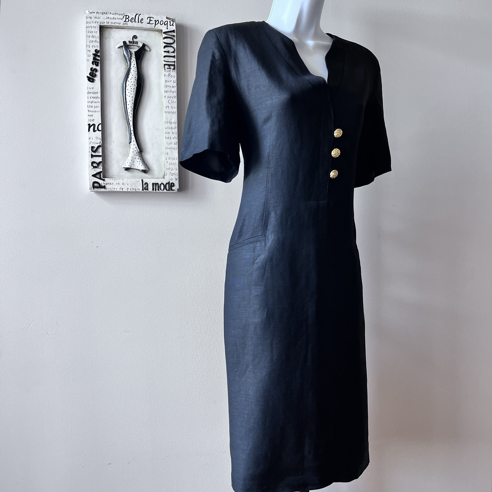 Vintage 80s Harvé Benard Short Sleeve Black Sheath Chic Dress Size S