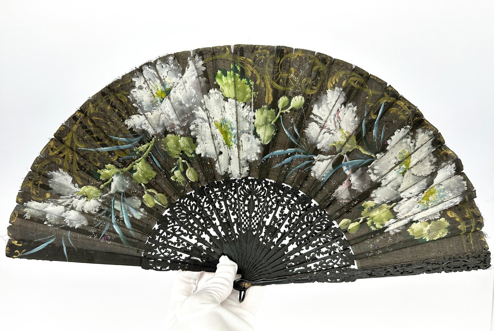Antique European Folding Fan Ebonized Wood Hand Painted Floral Gauze c1890-1905