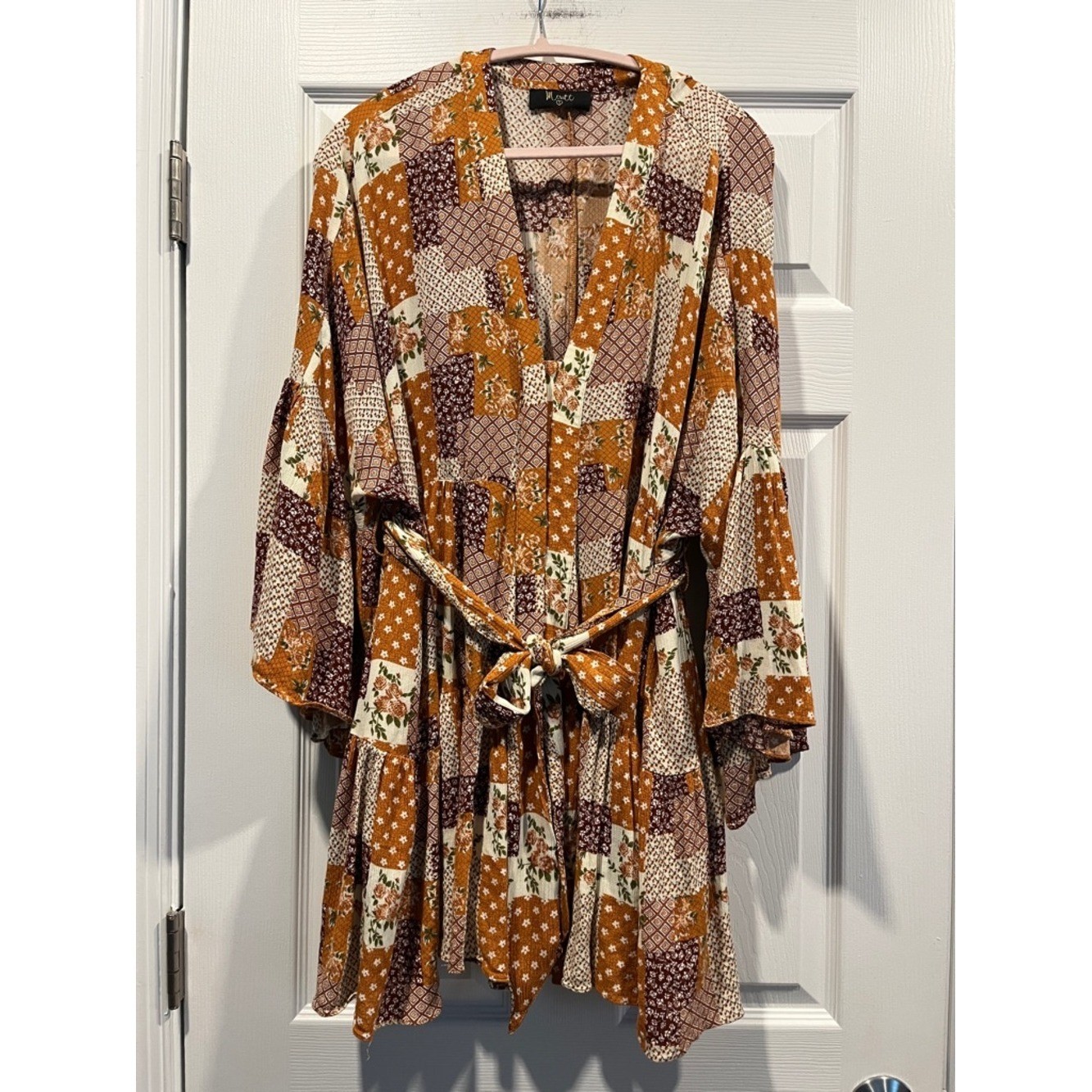 Meritt Violrtte dress Lightweight Flowy, Boho Patchwork, Rust Orange, Size L