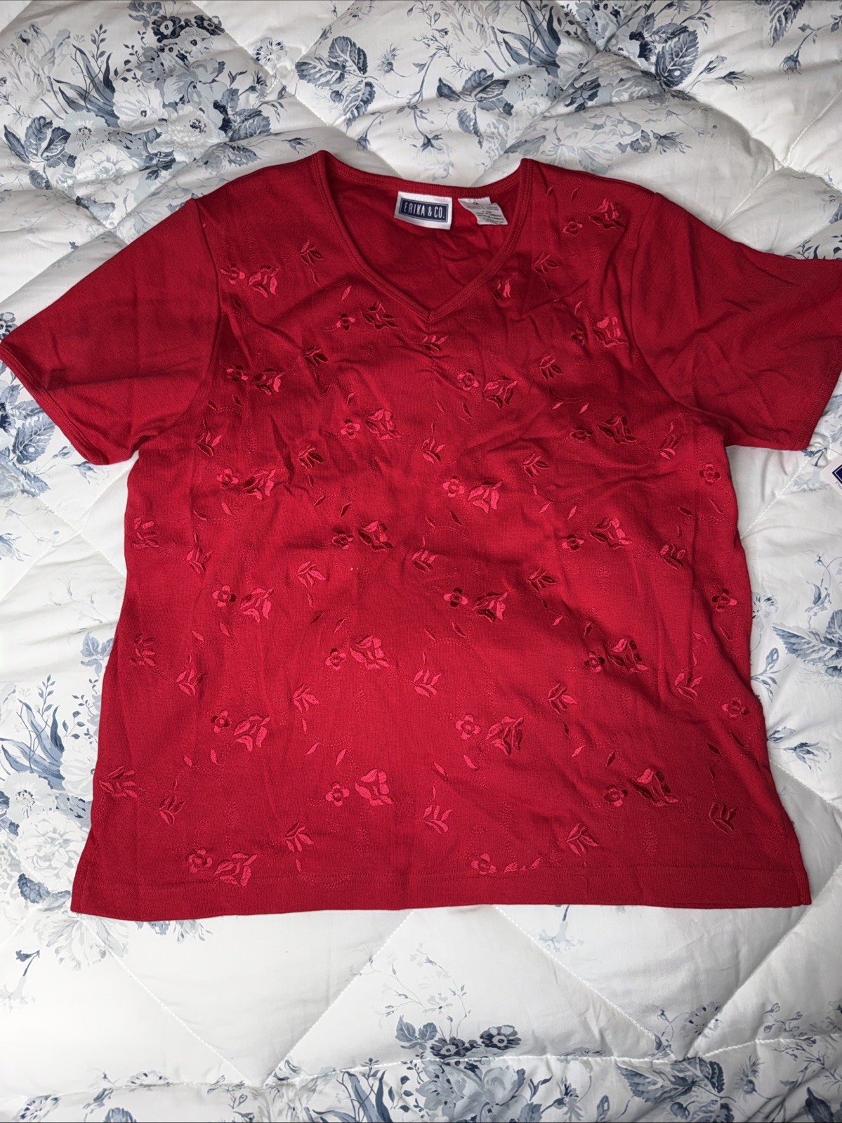 Vintage Cottons/ Polyester TShirt Erika & Co. Embroidered Red Floral Tag Medium