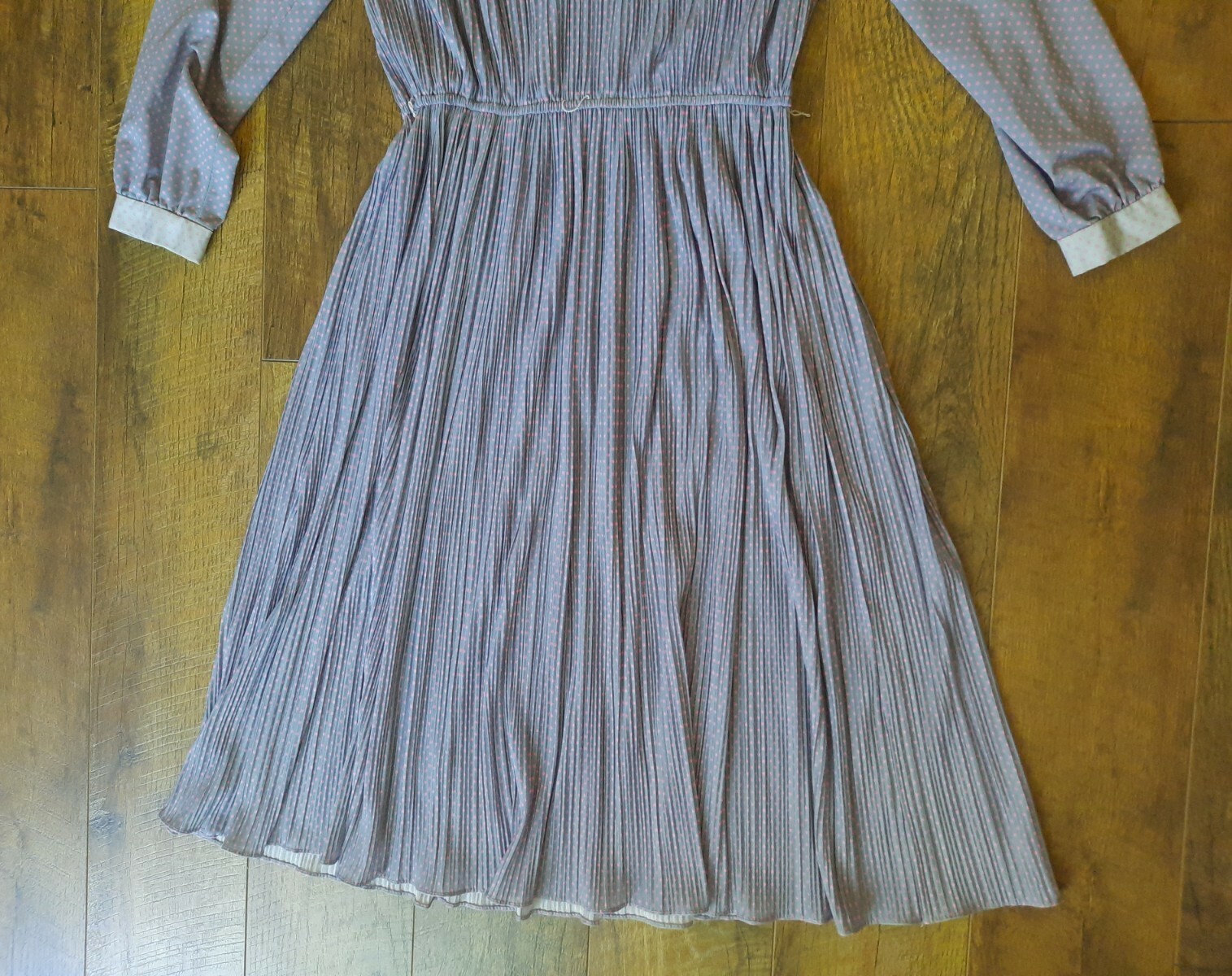 VTG Hal Ferman Midi Dress Women Size M Long Sleeve Gray Pink Polka Dots Pleated