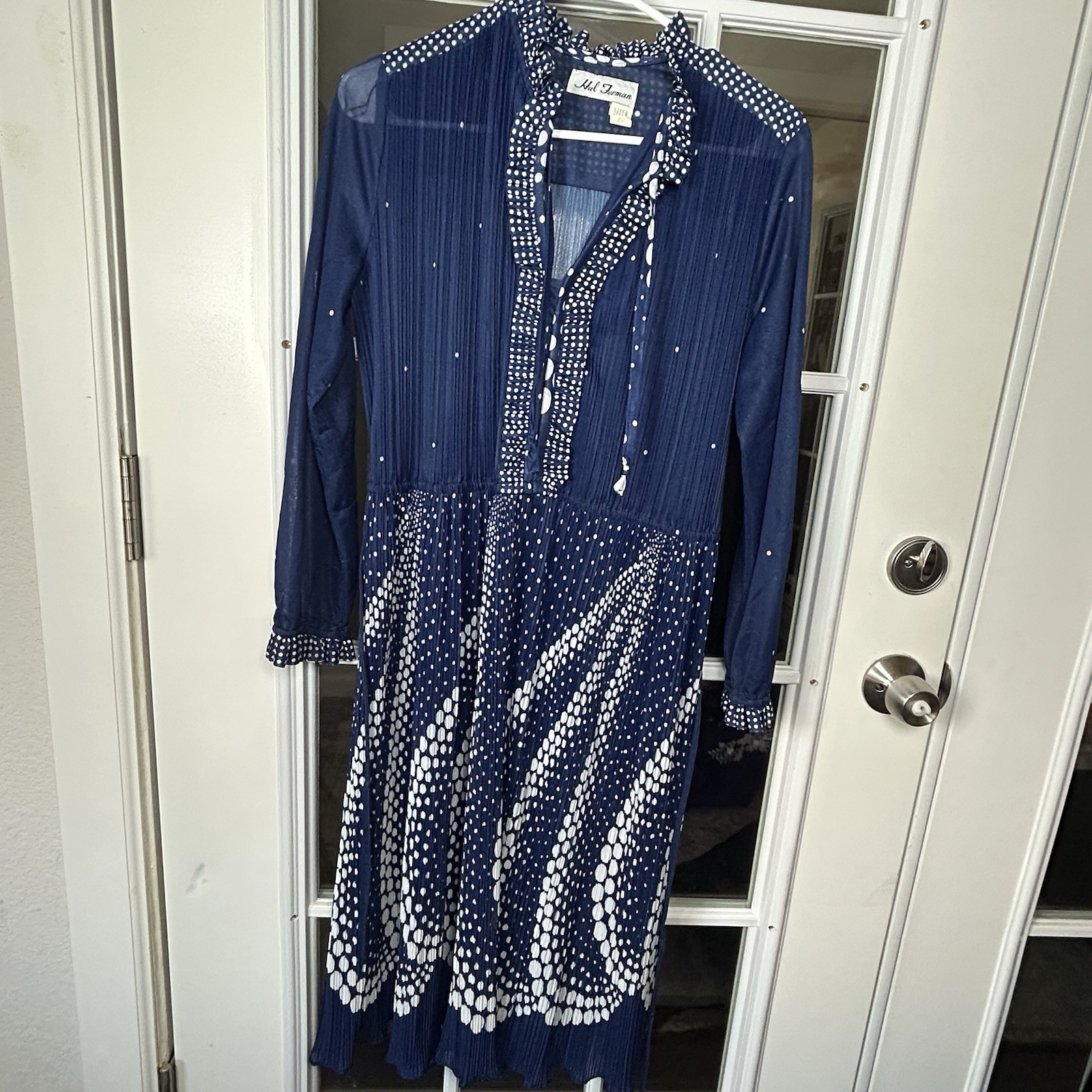 Vintage 1970’s Hal Ferman Navy Blue And White Belted Midi Dress Size Small
