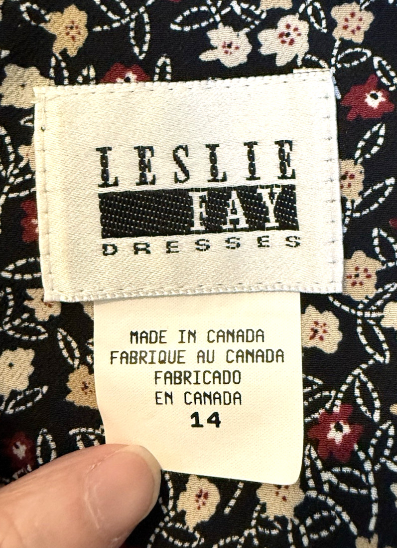 Leslie Fay Womans Size 14 Dress Floral Black Vintage Belted Midi Modest Classic