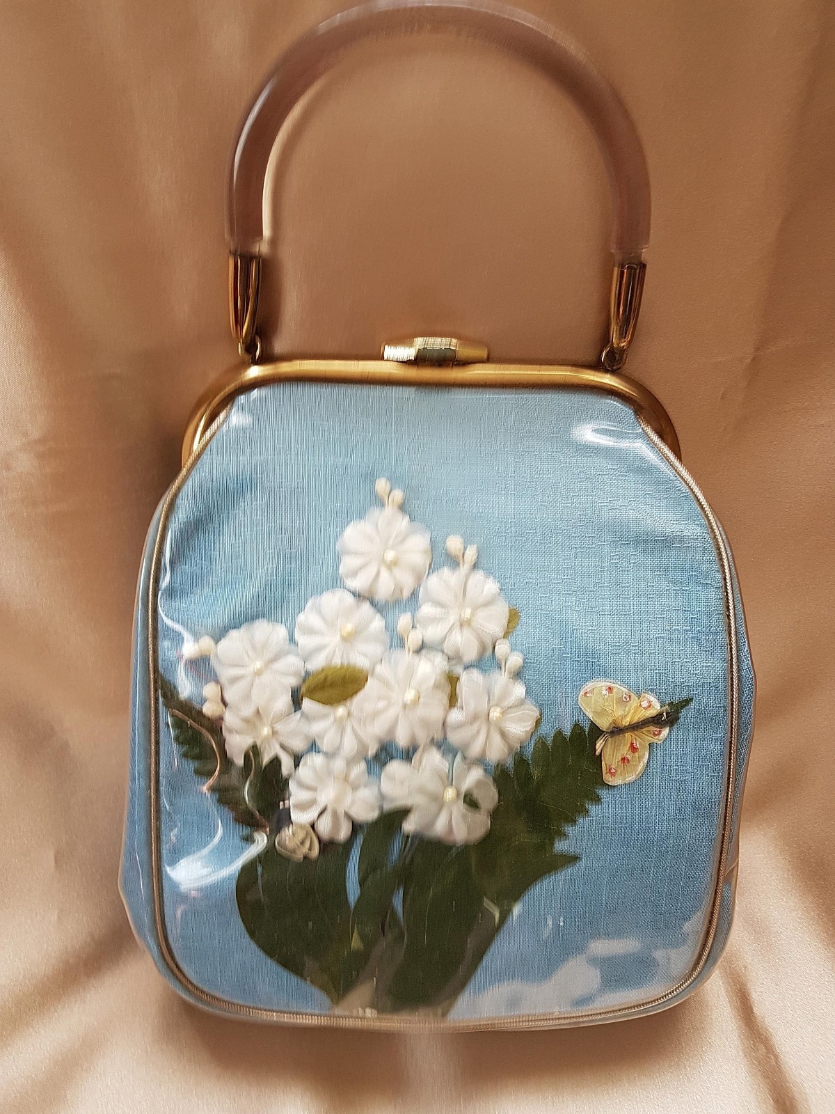 FABULOUS Vintage 50s FLORAL Hand Bag Purse,LUCITE Handle, Blue Linen and Clear