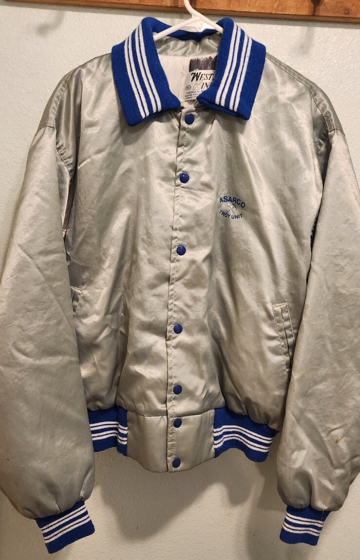 Vintage Bomber Jacket XL Rockabilly Saitn ASARCO Troy MT Unit VLV Gray Blue Read