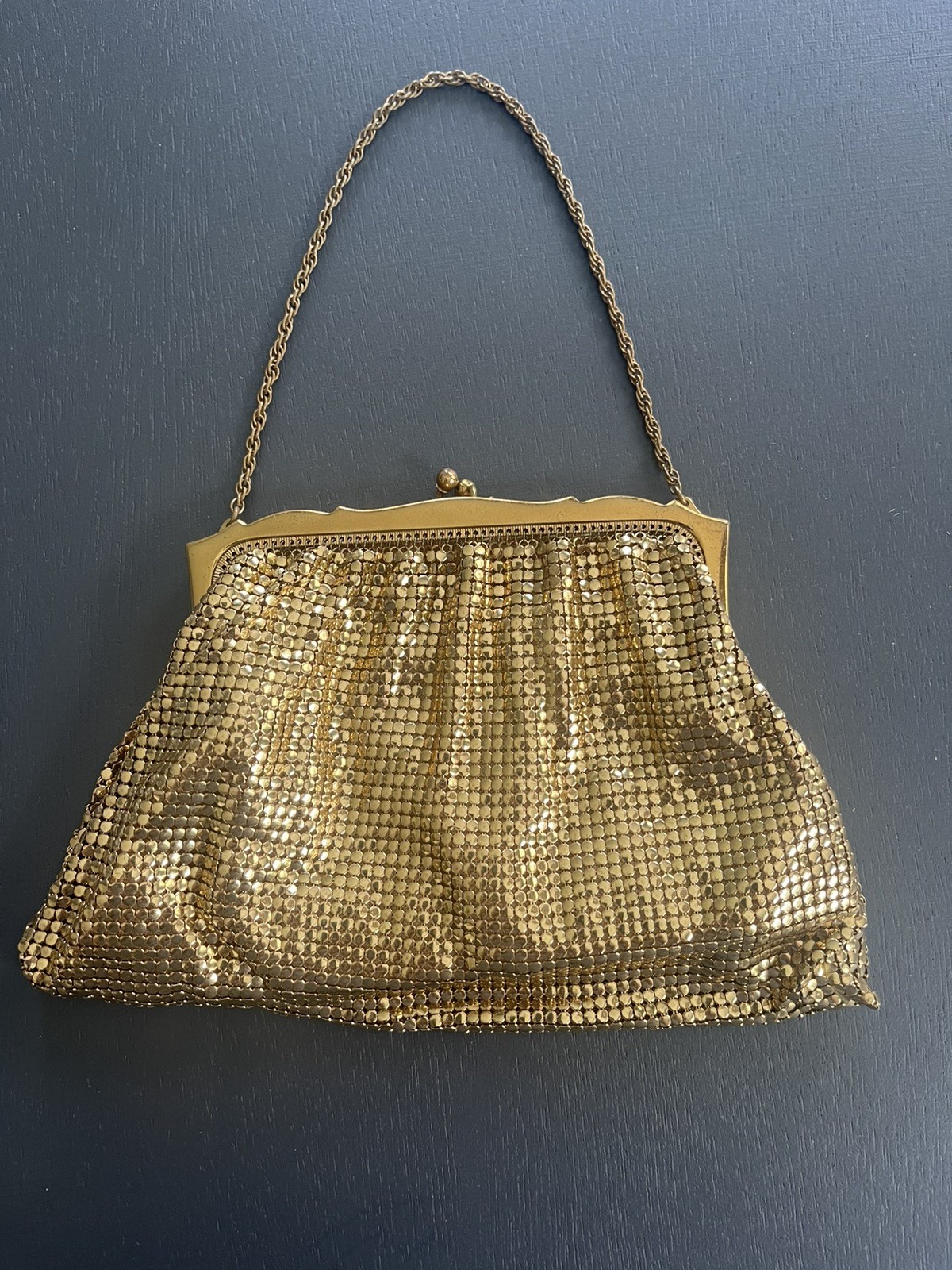 Vintage Whiting & Davis Gold Mesh Flapper Purse Kiss Lock Frame Evening Bag USA