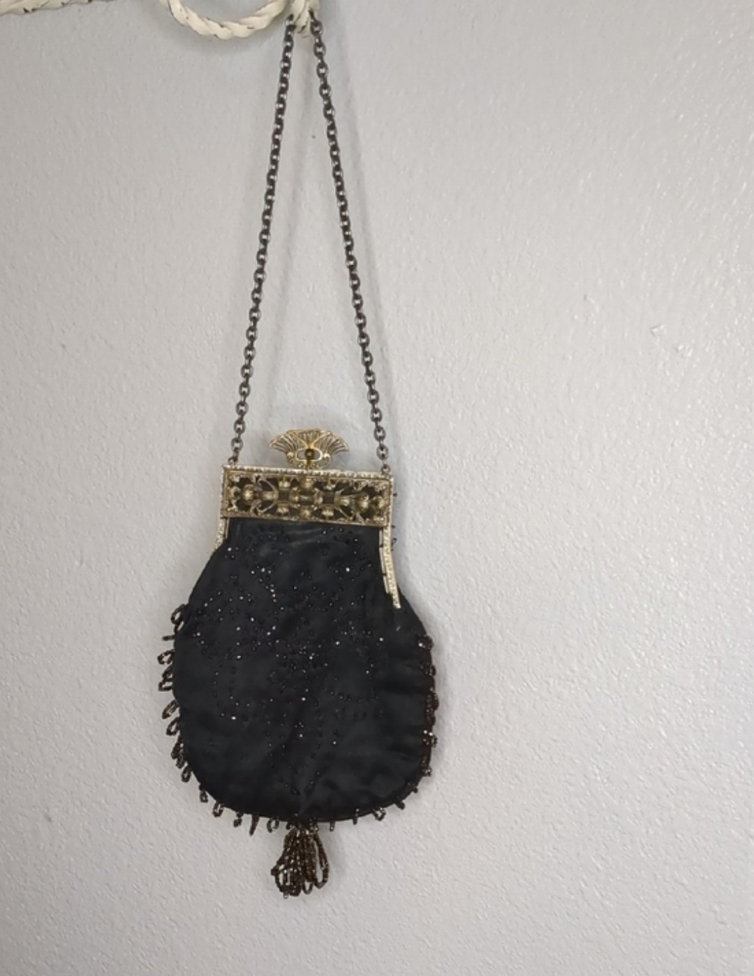 1920s Art Nouveau Beaded Evening Bag Black Brass Kisslock Purse