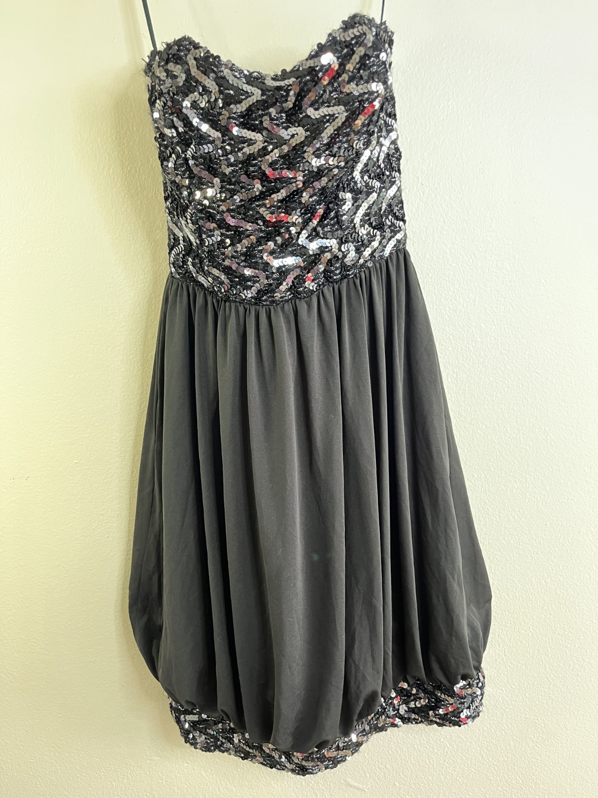 Vintage 1980s New Leaf California Strapless Sequin Bubble Dress Black Silver 5/6