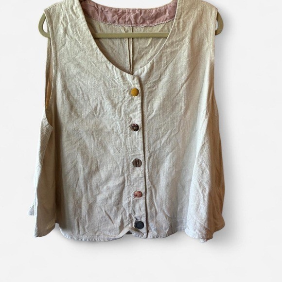 Boho Cream cotton/linen blend oversized button up vest w/ quirky buttons Sz XL