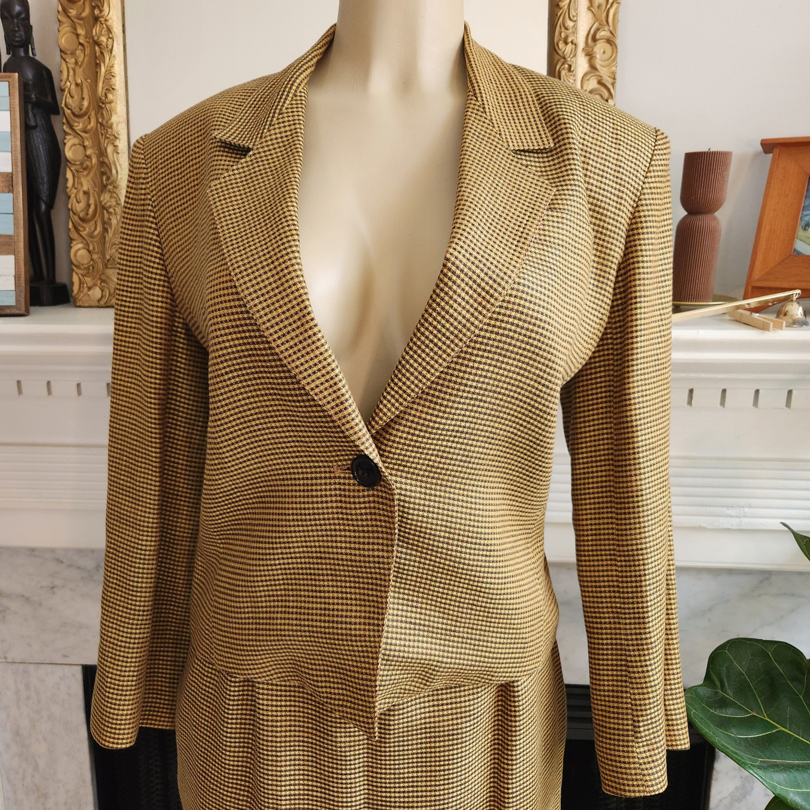 Vintage 80s Yellow Plaid Linen Skirt Suit Black Career Wear to Work Size 6