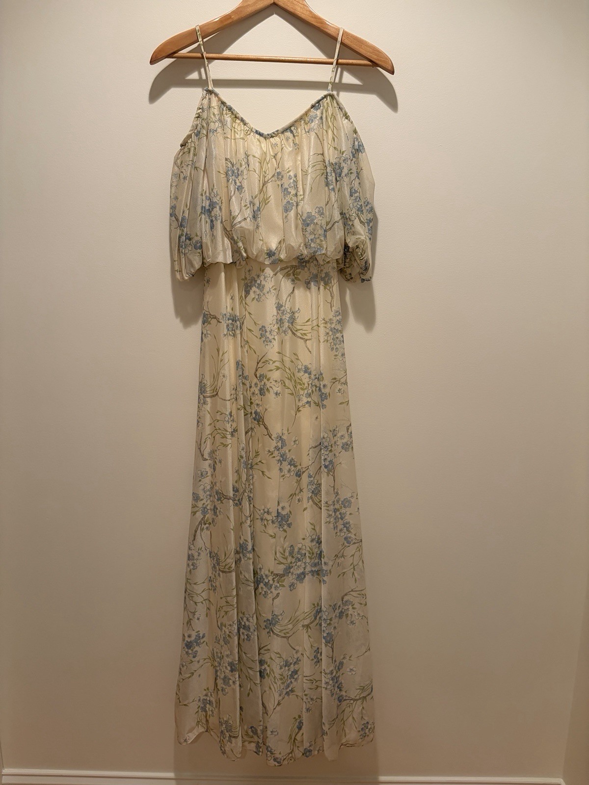 Vtg 70s Cream Delicate Blue Flowers Blouson Maxi Dress Floral Prairie Cottage