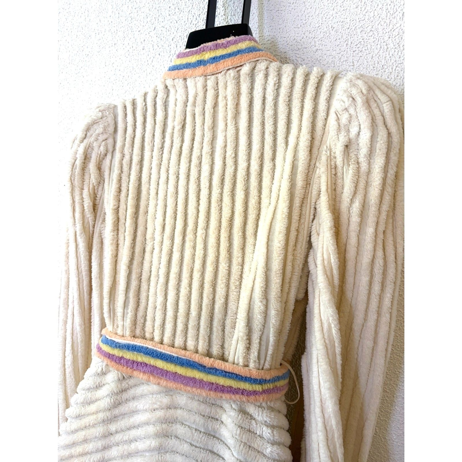 Vintage 40s/50s Cream Chenille Long Robe Pastel Rainbow Trim Bell Sleeve Small