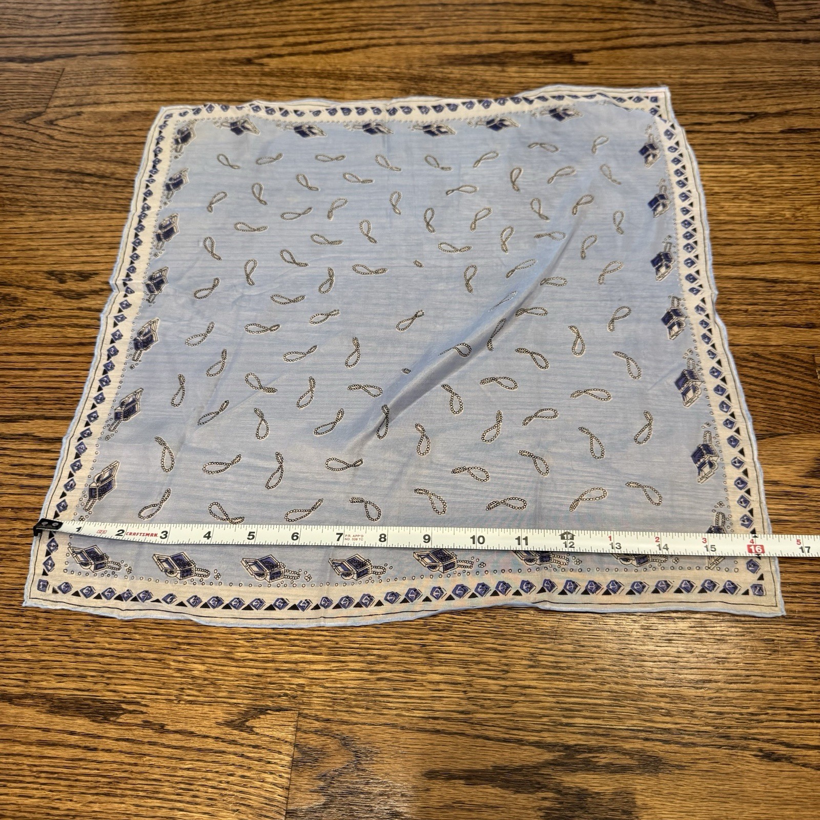 Vtg Made In Japan Diamond Pearl Hand Rolled Purse Scarf 16.5″ Square Blue Silk