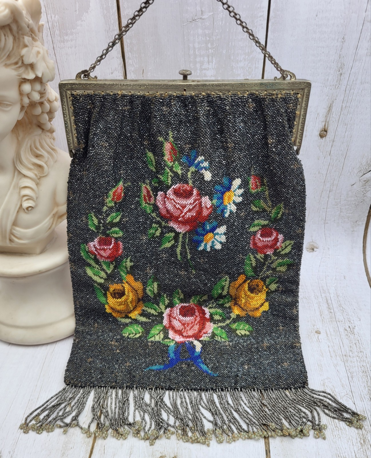 Large 13″ Antique Art Nouveau Floral Beaded Purse Handbag