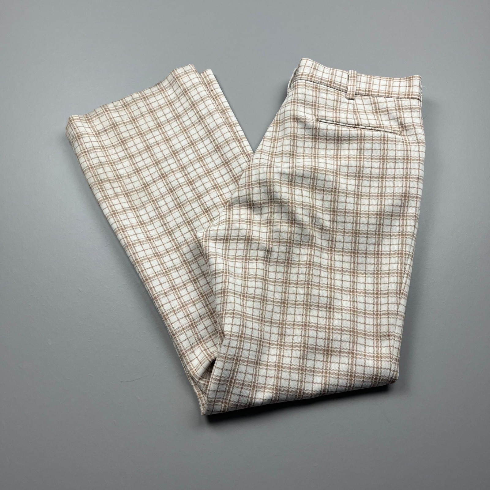 70s Sears Kings Road Trousers Mens 34 Long Tan Plaid Perma-Prest Flared Disco