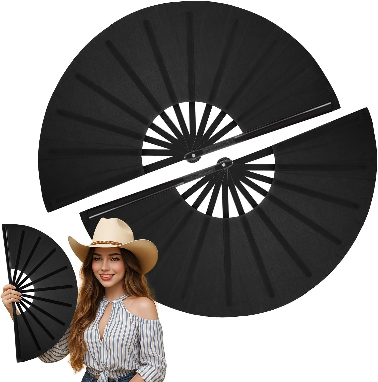 2 Pack Large Folding Rave Fans for Women Men, Nylon Hand Fans Loud Snap Sound Fo