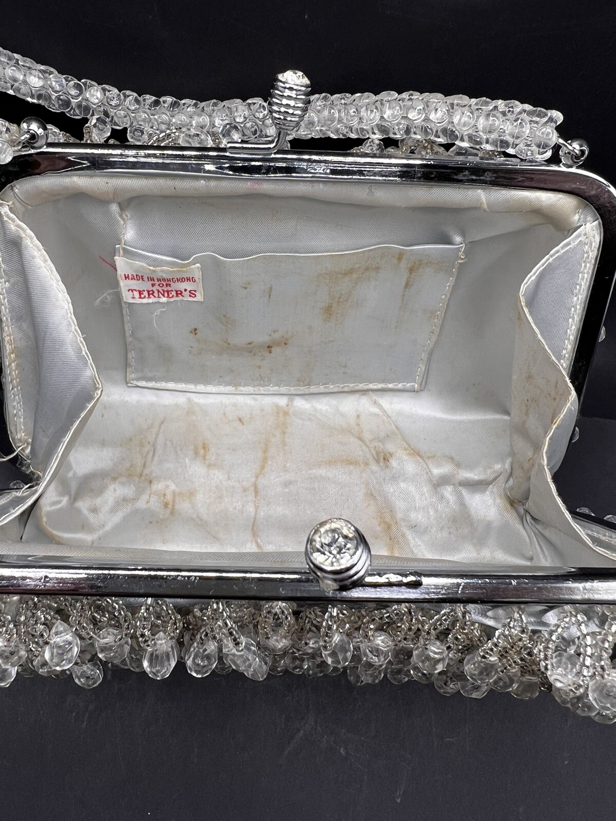 Vtg Beaded HandBag Silver & Clear Evening Purse Hong Kong Prom Wedding 60s 70s