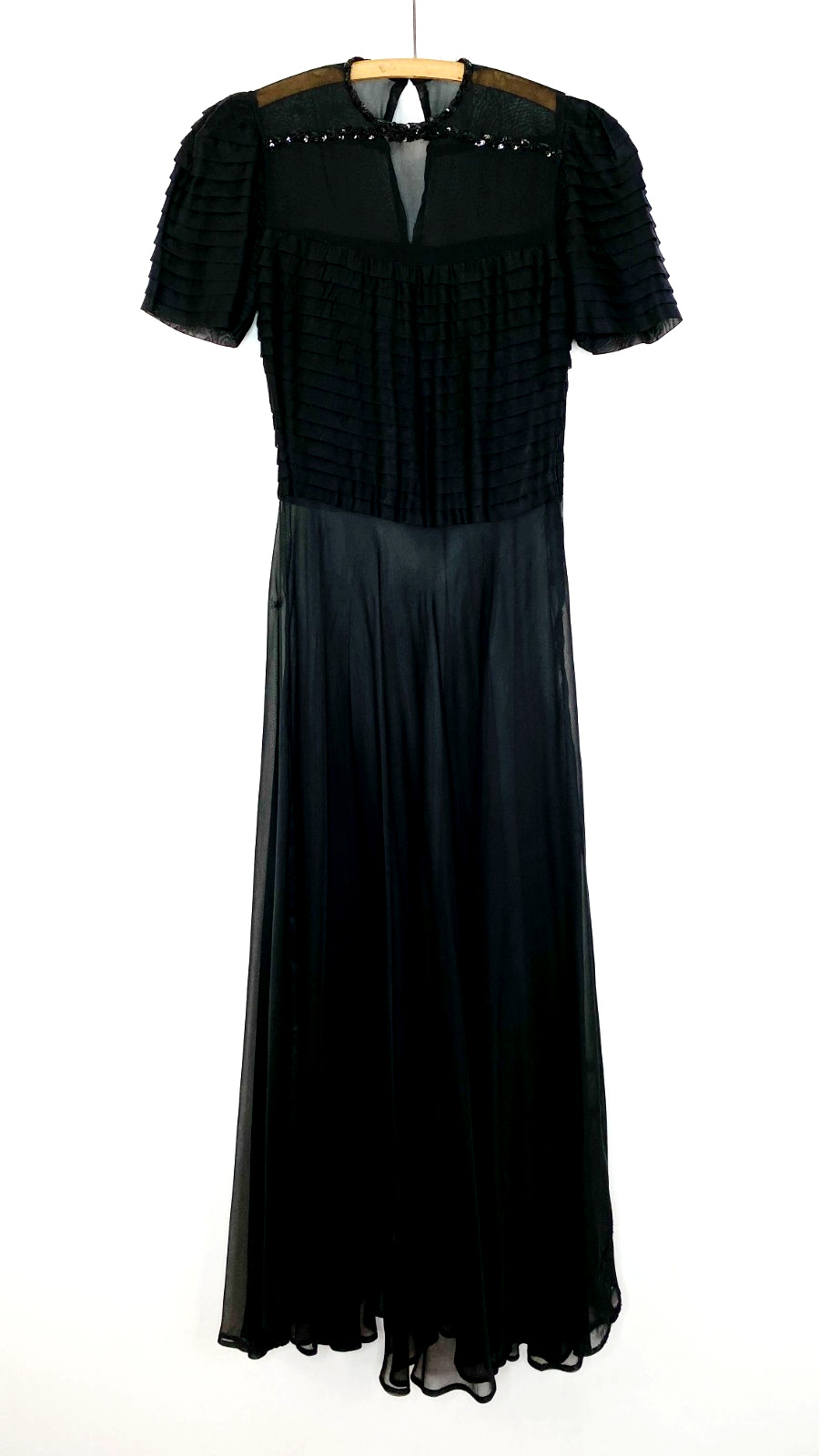 Vintage 1940s sheer black dress XS S maxi midi short sleeve sequin nylon pintuck