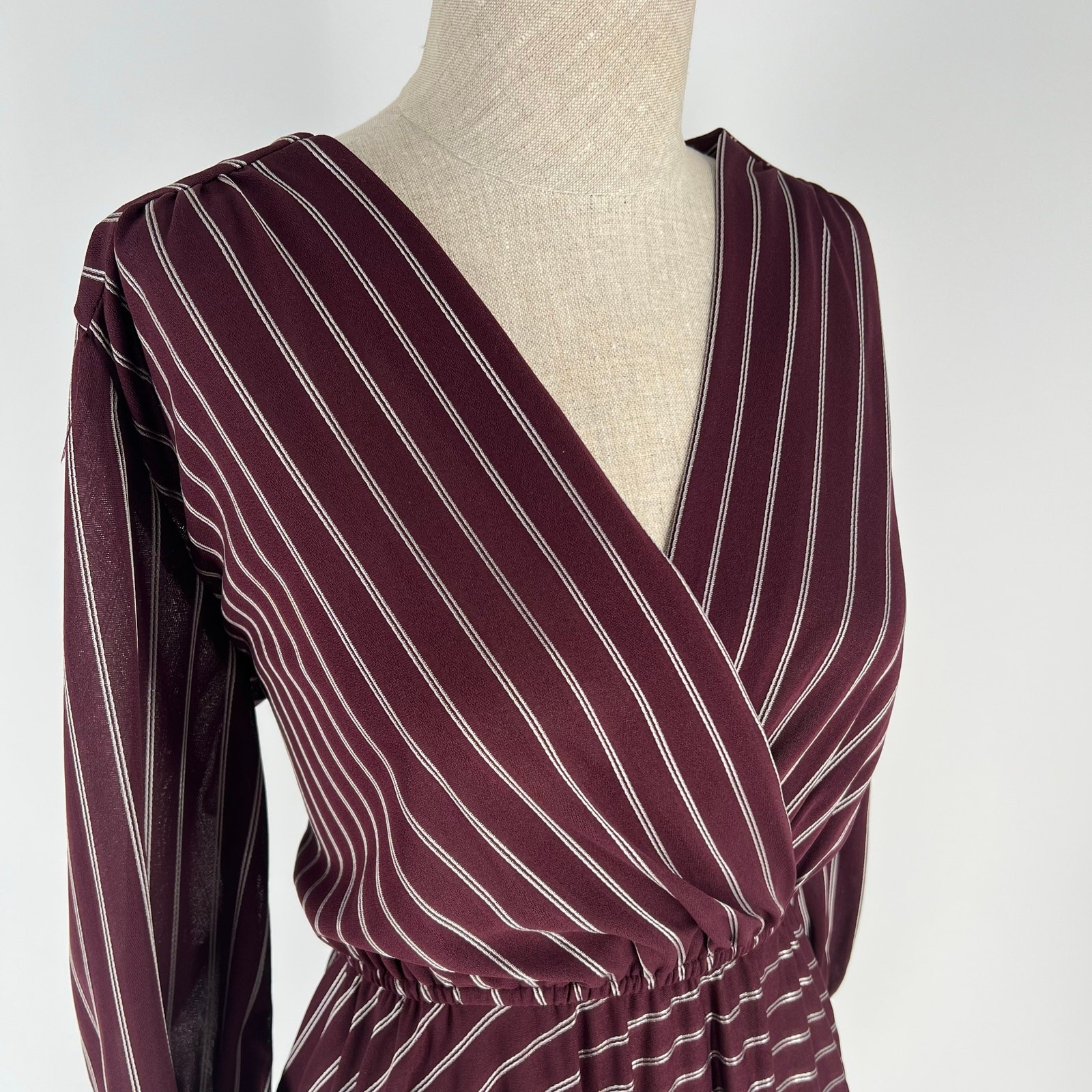 70s deadstock vintage surplice midi dress dark purple silver metallic 1970s