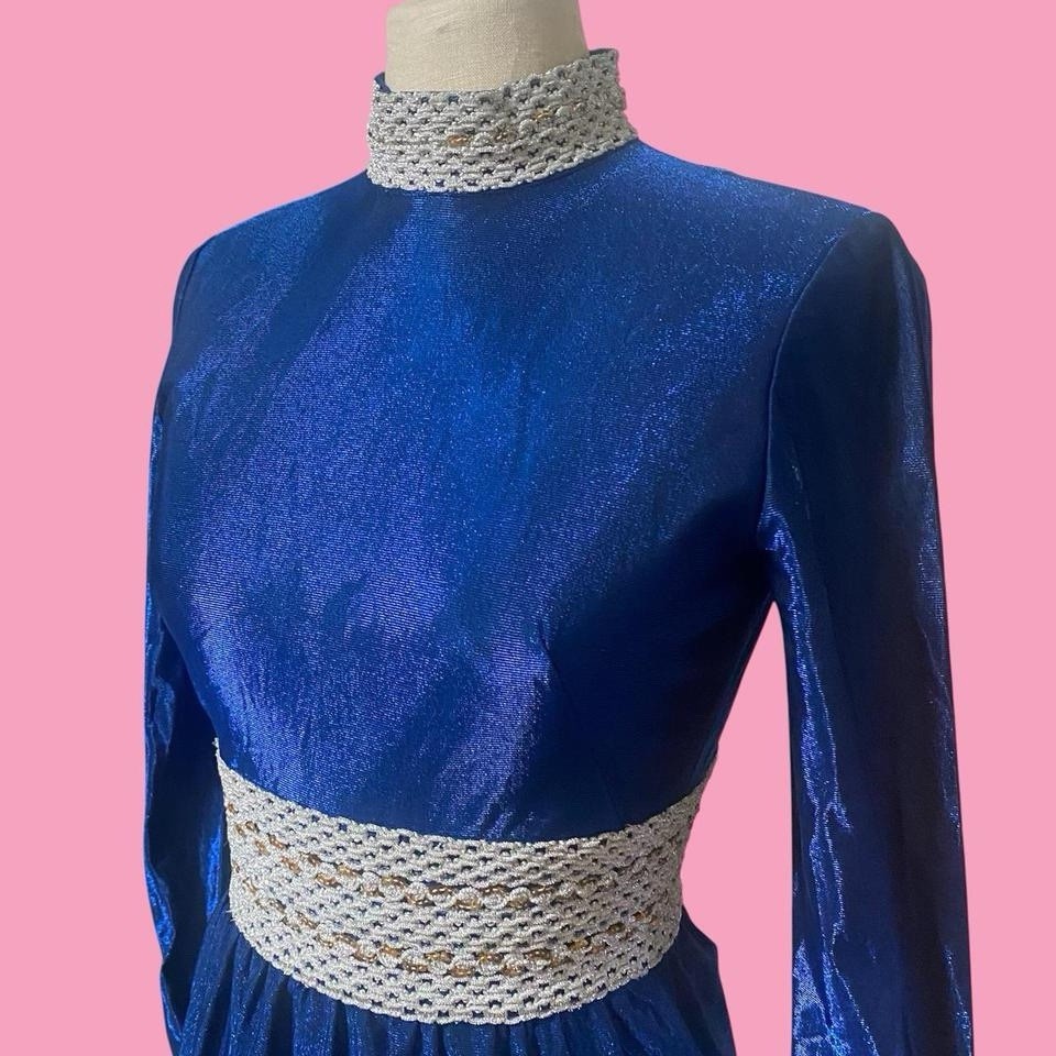 Vintage 70s Blue Metallic Long Sleeve Mod Mini Dress
