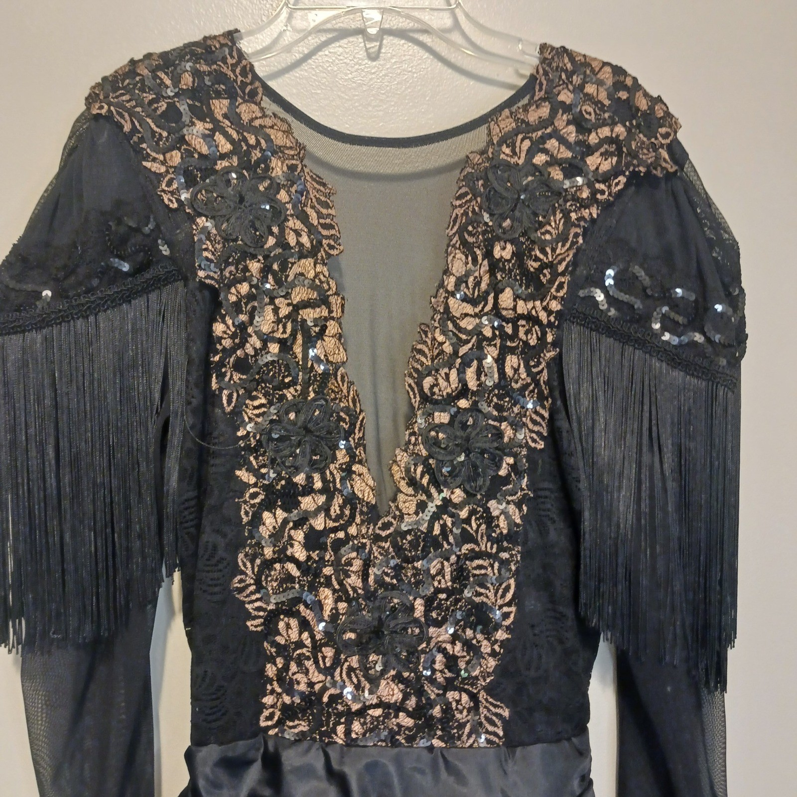 Vintage Janine 80s Goth Party Dress Black Bronze Metallic Lace Fringe Sequin S