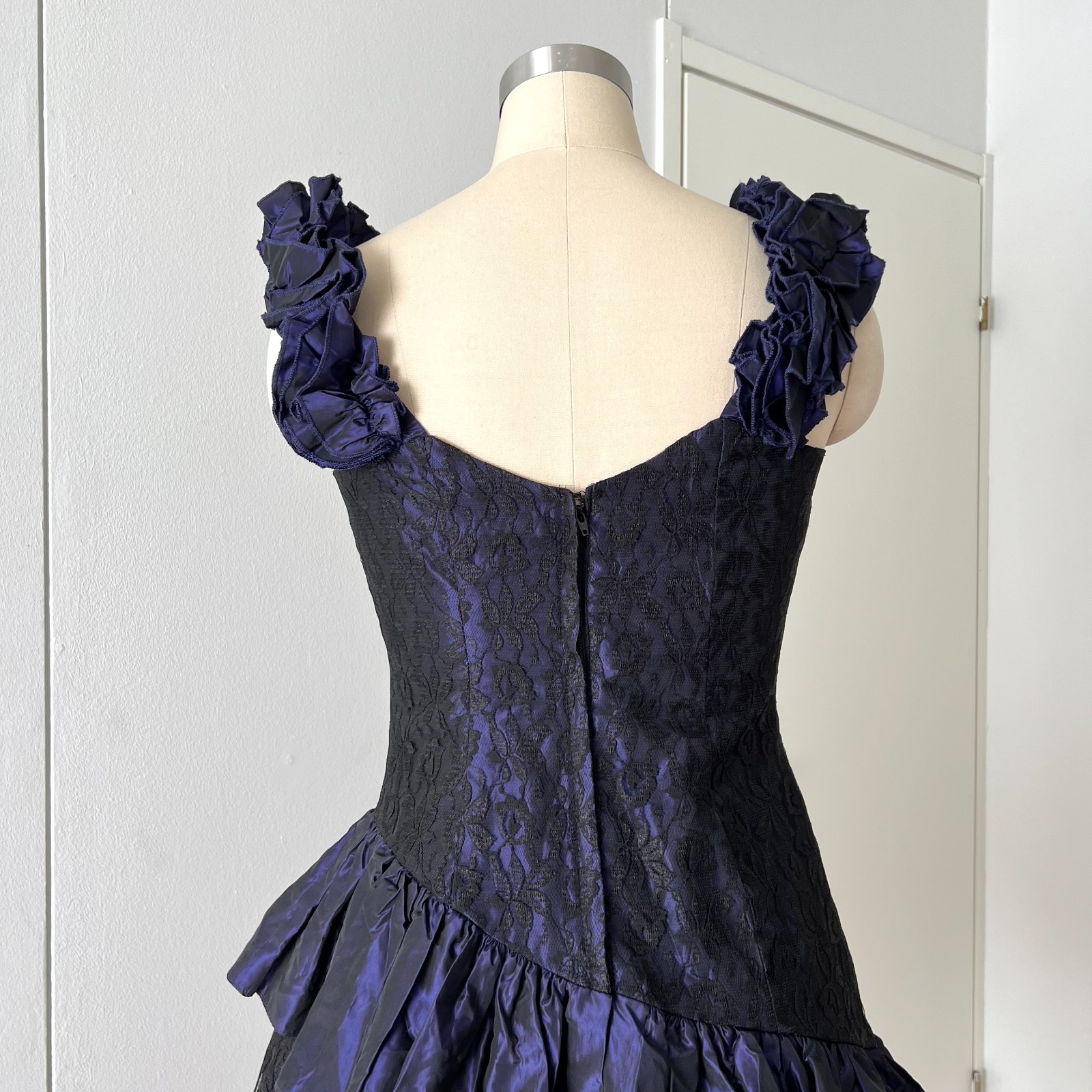 1980s Taffeta Cocktail Party Dress Asymmetrical Hem Cocktail Tiered Evening Gown