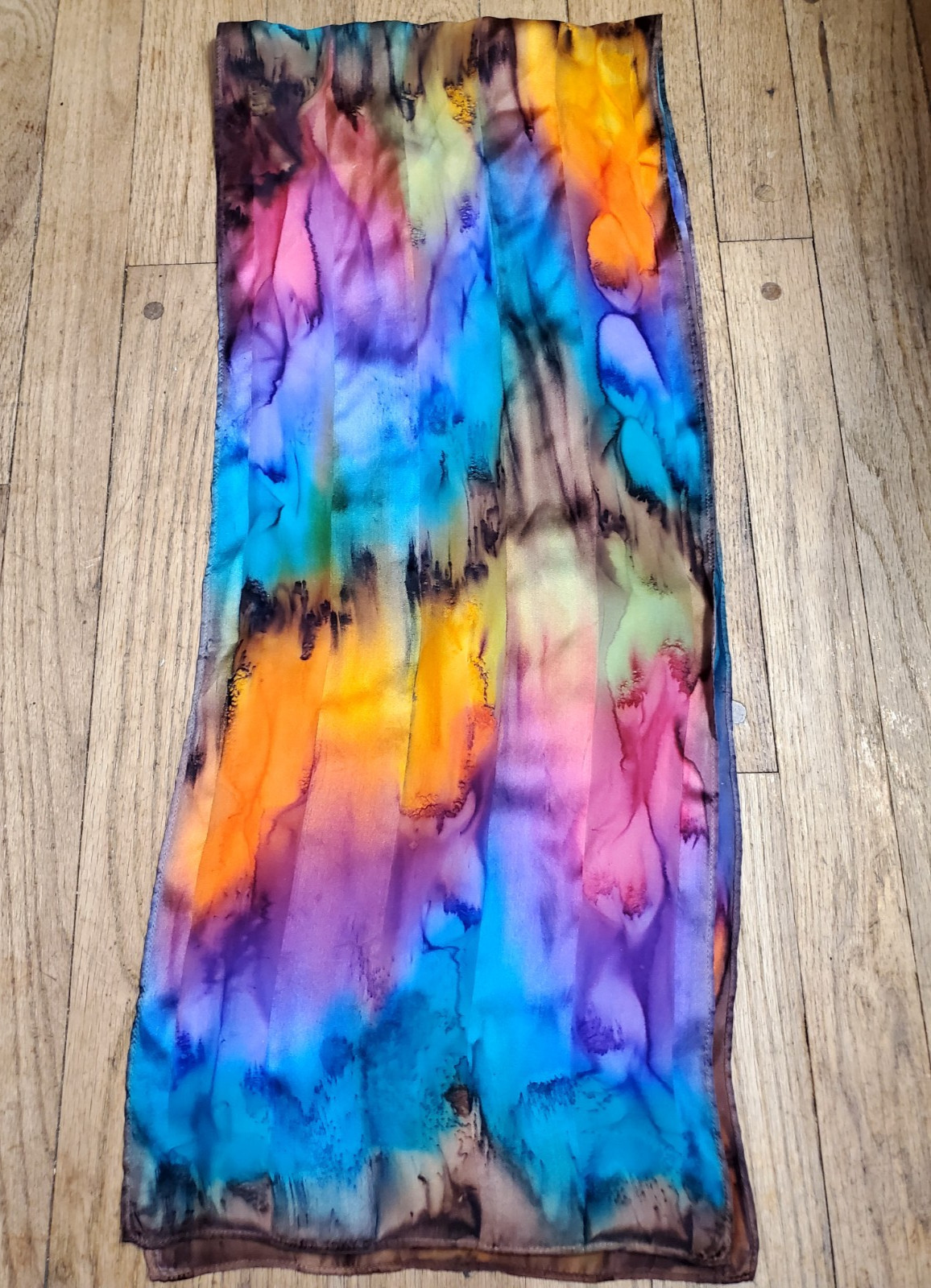 Vintage 100% Silk Scarf Oblong Vibrant Watercolor Rainbow Tie Dye Wrap Shawl