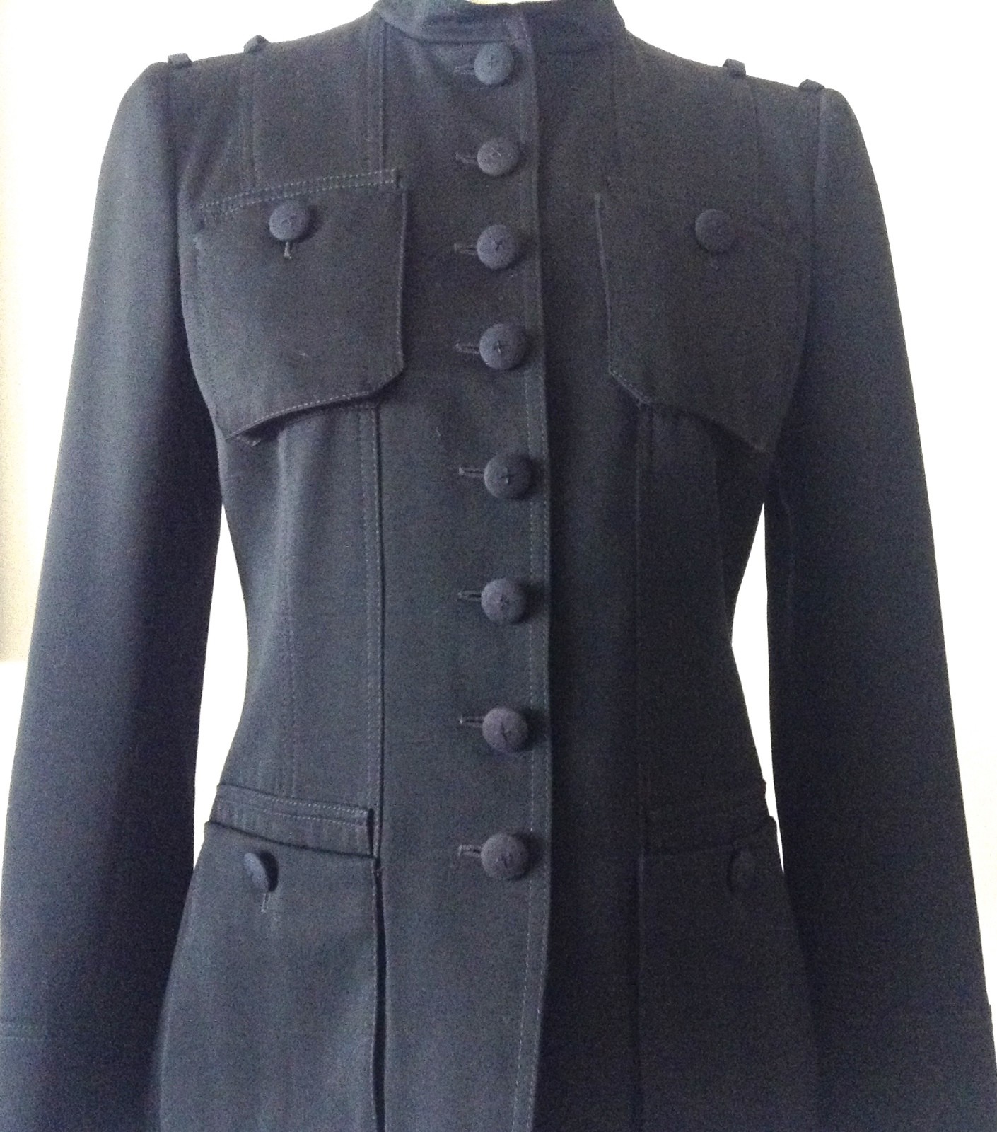 Vintage MOSCHINO Black Military Style Jacket Epaulets Striped Lining sz US 6