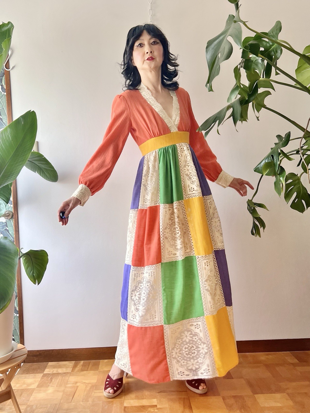 70s Jonathan Logan Patchwork Color Block Cotton Gauze & Lace Prairie Maxi Dress