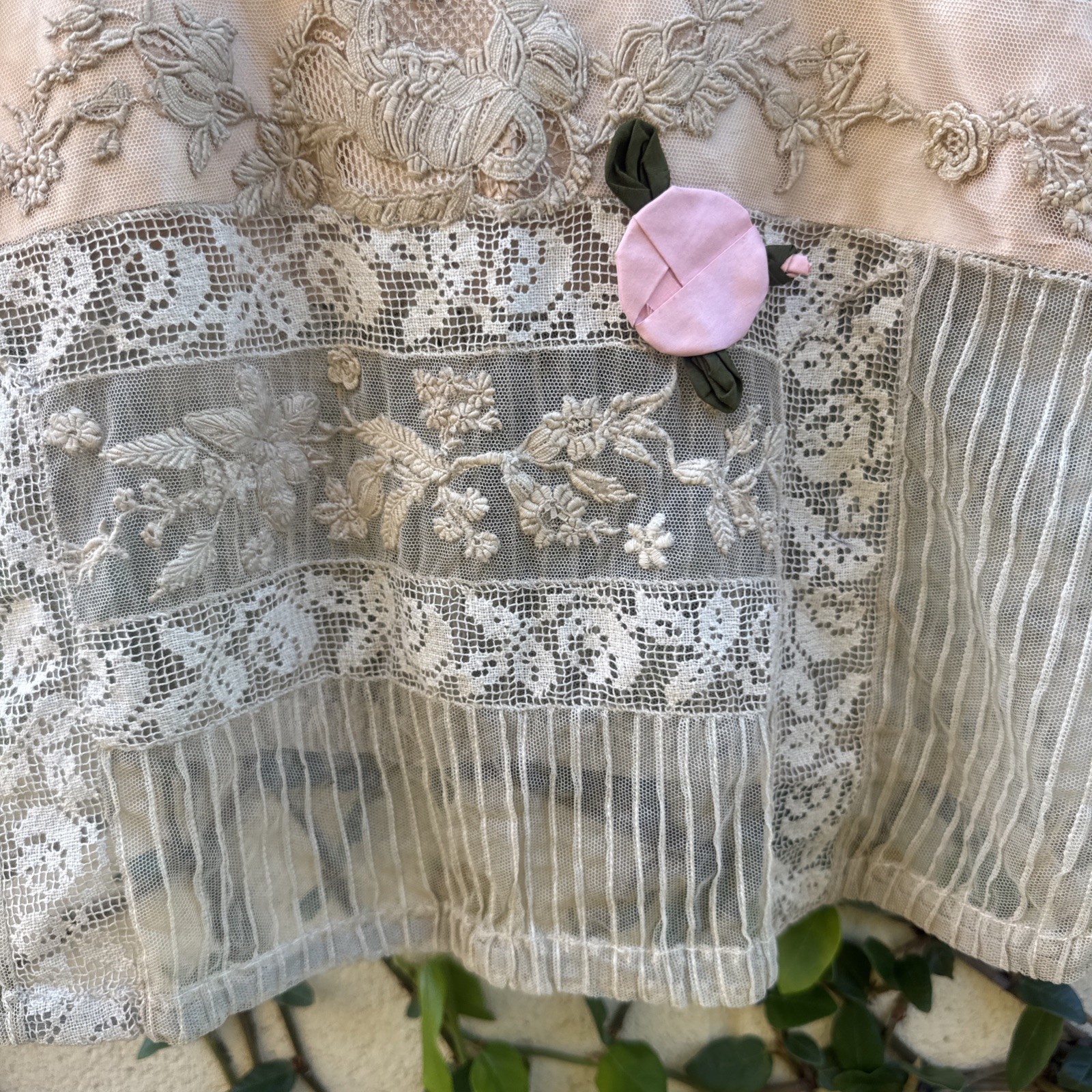 Antique Edwardian Mixed Net Lace Camisole Silk Flowers Dress Blouse Vintage