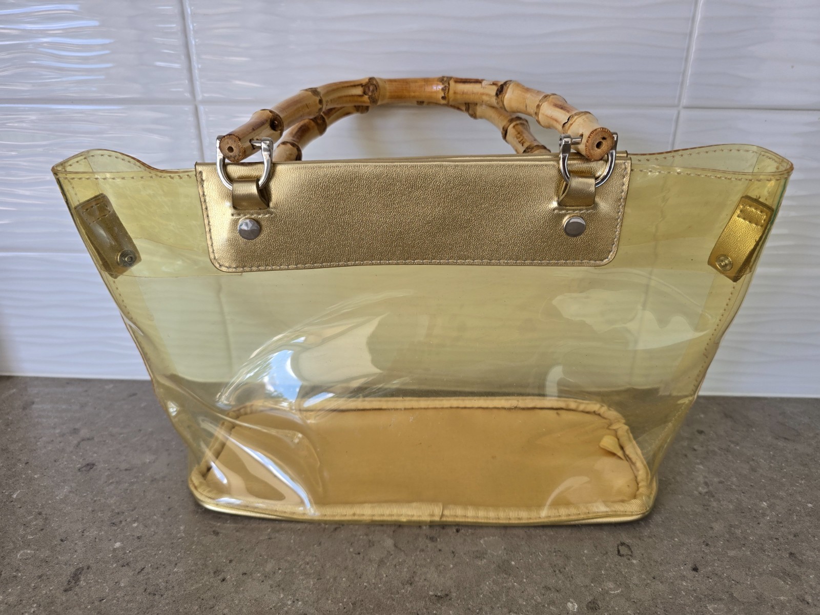 Vintage Women’s Clear Stadium Purse Bag with Bamboo Handles