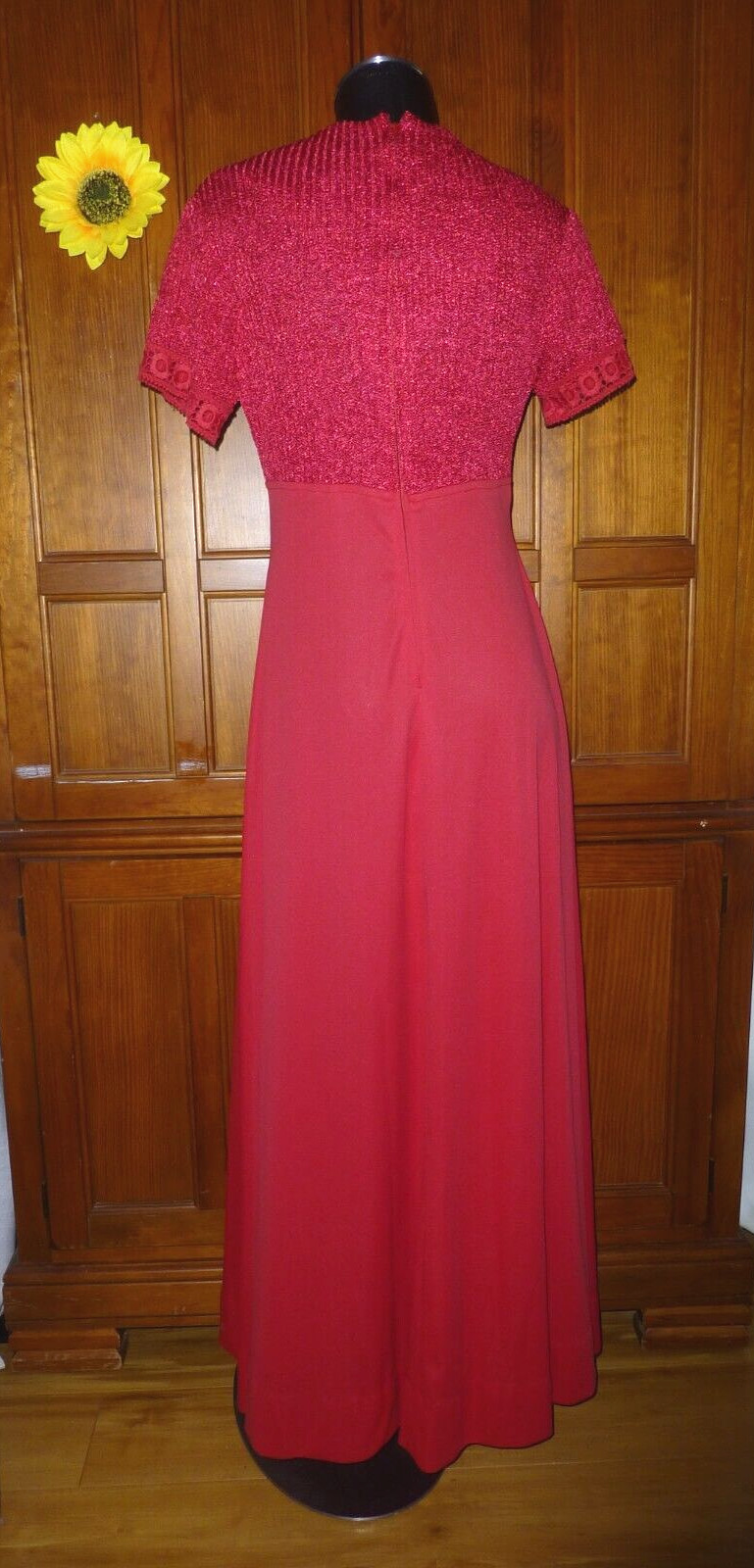 VTG 70s Maroon Jersey Knit Lace Hippie Boho Prairie Wedding Party Maxi DRESS