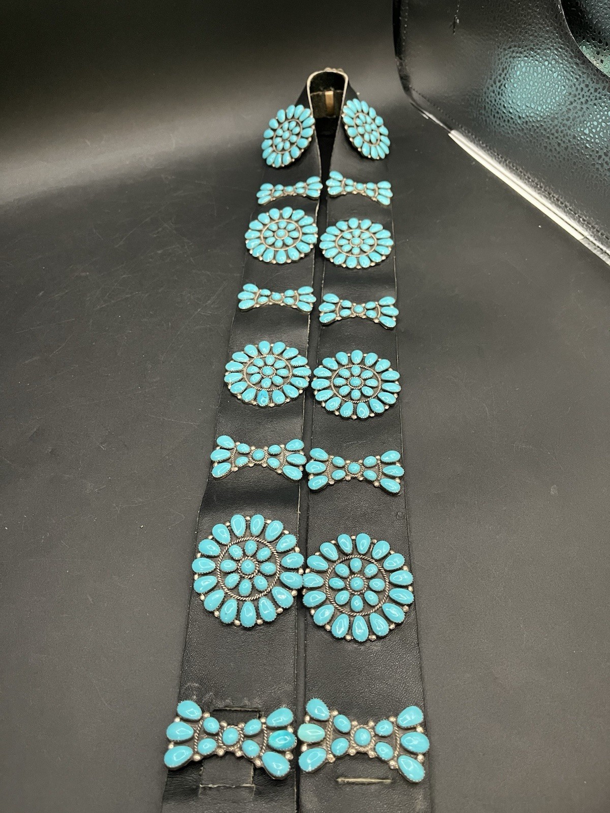 Vintage Sterling Silver and Turquoise Concho Black Leather Belt Buckle Hallmark