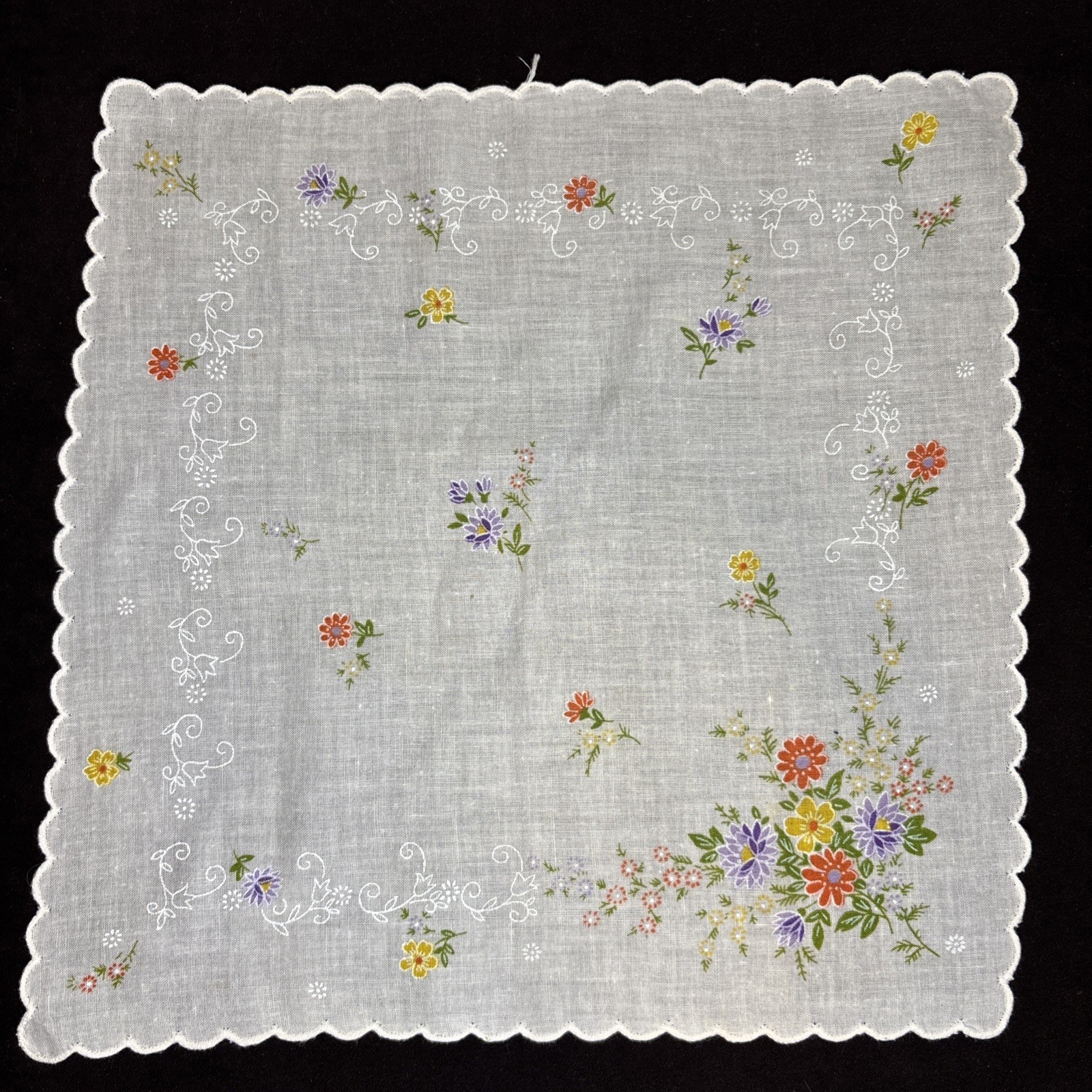 Vintage Handkerchief Floral Multi color & White Lace 11.5” X 11.5” Hanky Hankie