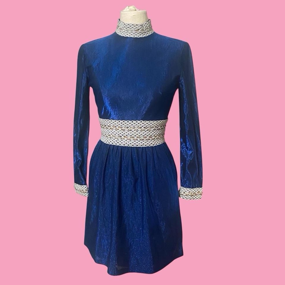 Vintage 70s Blue Metallic Long Sleeve Mod Mini Dress
