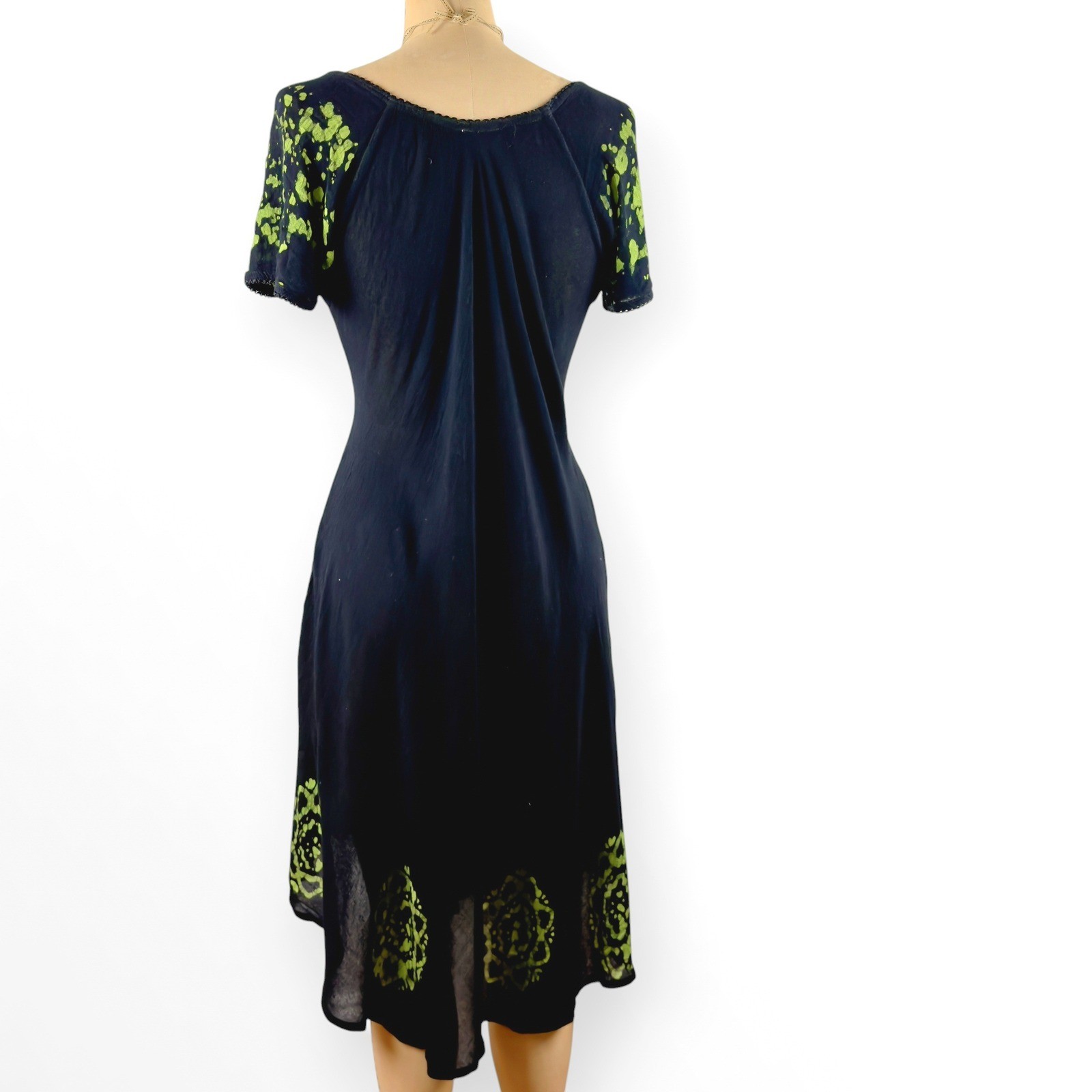 90s Embroidered Batik Midi Dress Umbrella Hem Cap Sleeve Rayon Hippie S M L XL