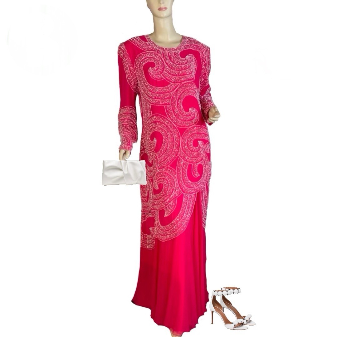 WOMEN’S VINTAGE 1980’S JACK PINK & WHITE BEADED FORMAL DRESS SIZE 14