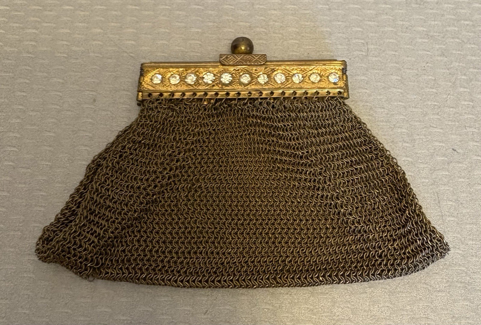 Germany Art Deco Vintage Gold Mesh Coin Purse Rhinestone Frame Expandable Bag 3″