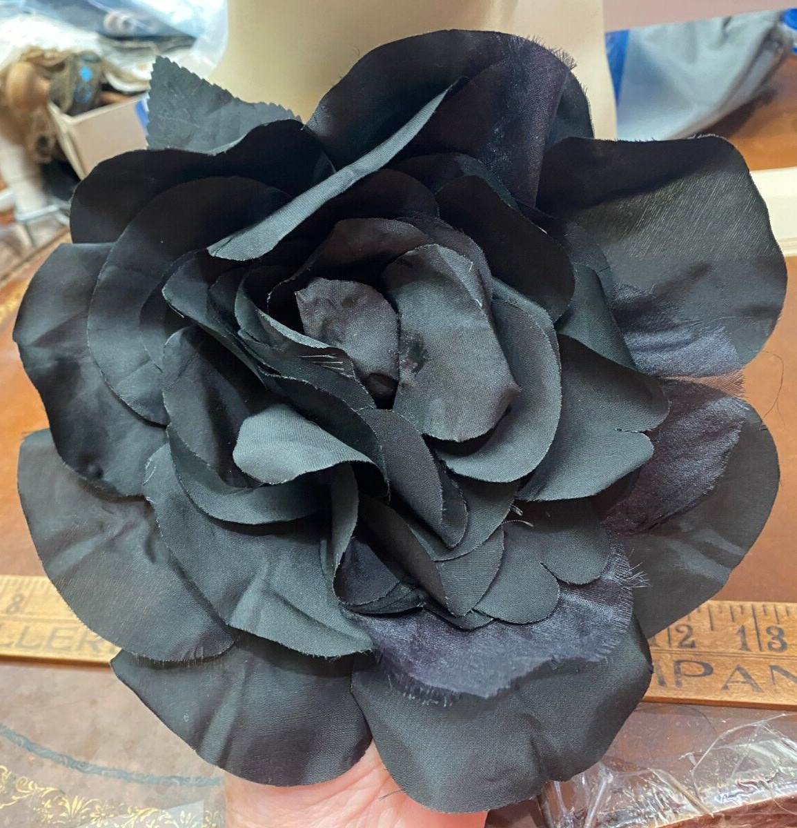 vintage silk Taffeta 7.5″ black XL rose 1950s flower 1 pc made in Czechoslovakia