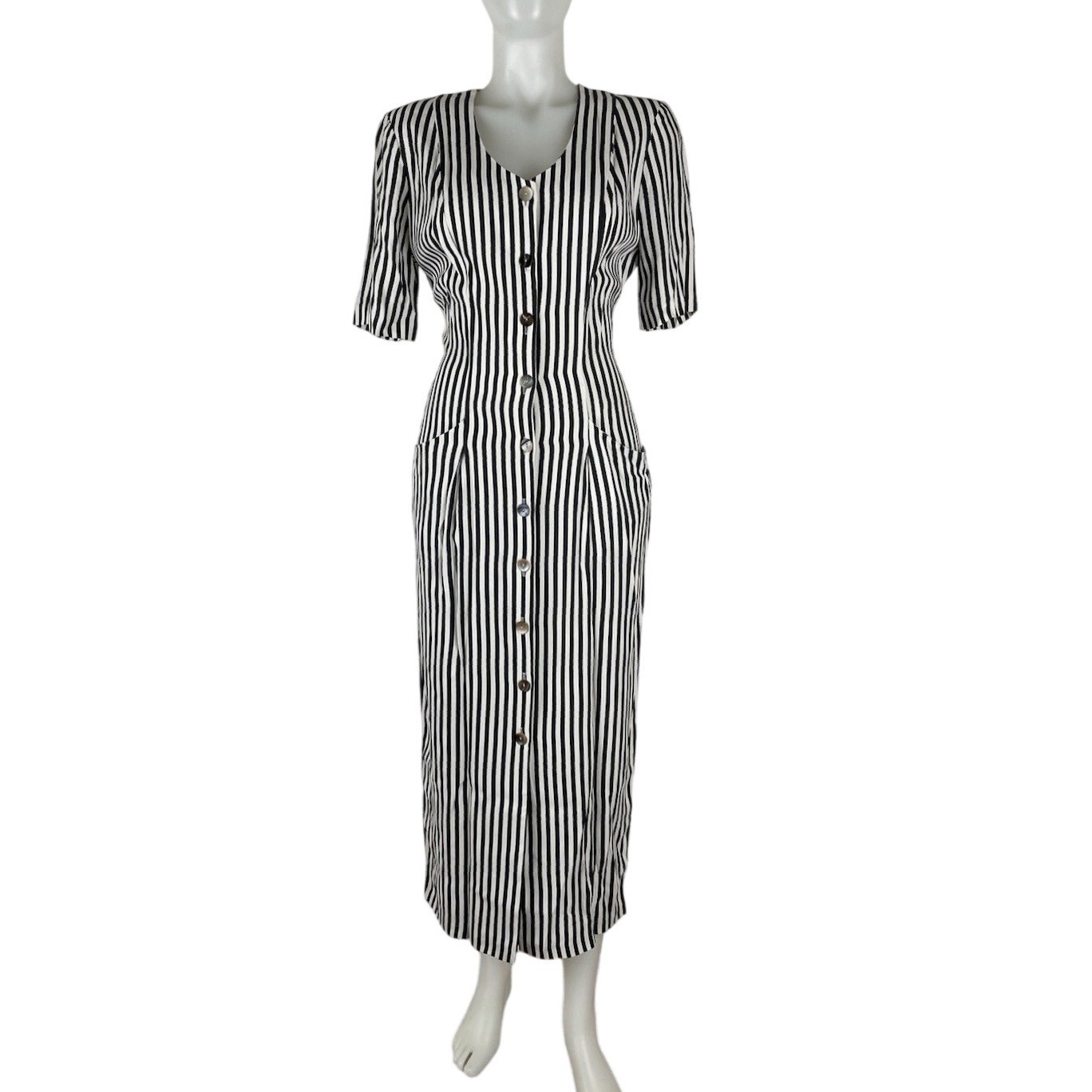 VTG 80s Dress Knapp Studio Dress Stripe Button Front Tie Back