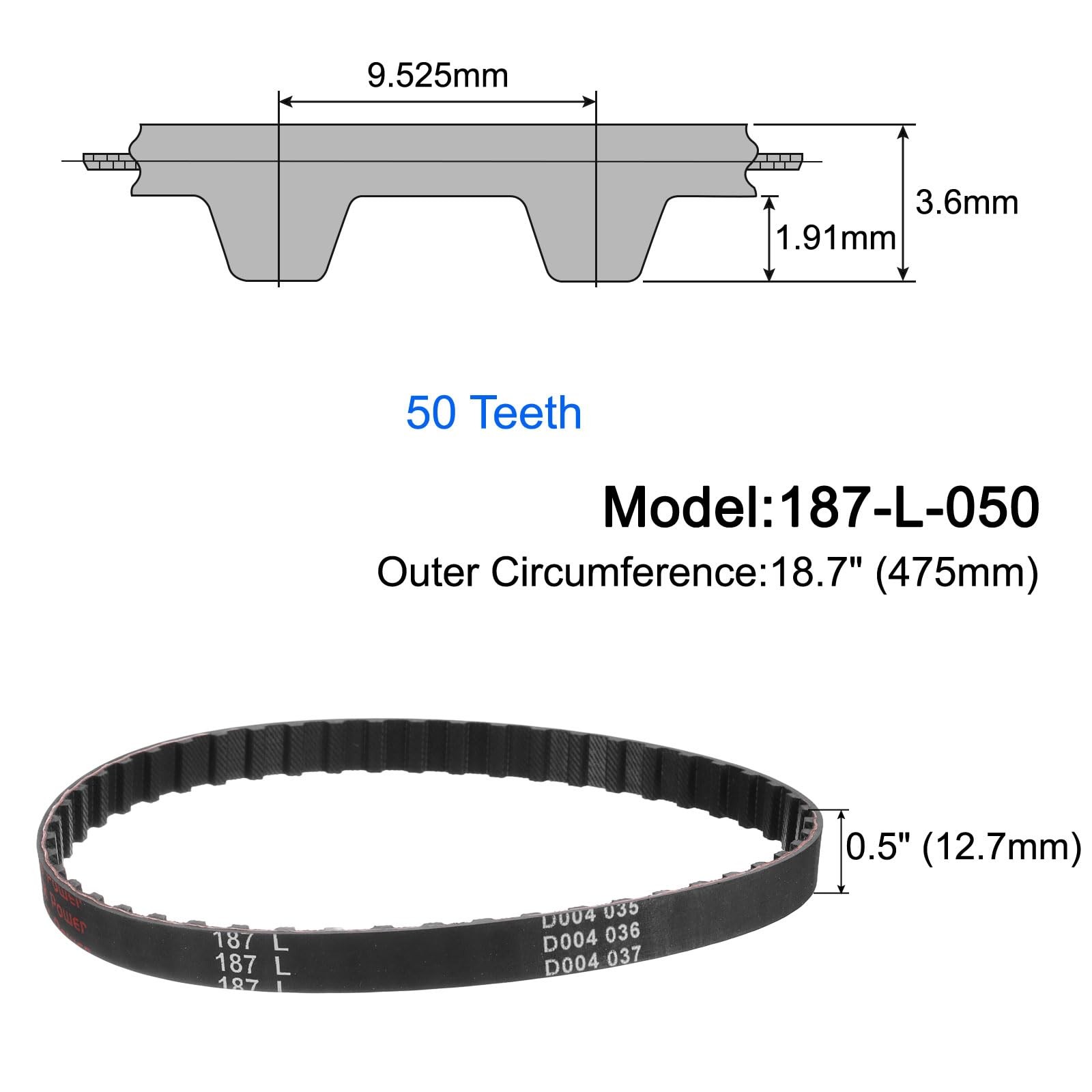 uxcell 187-L-050 L Timing Belt 18.7″ Pitch Length x 0.5″ Width x 0.18″ Height, 5