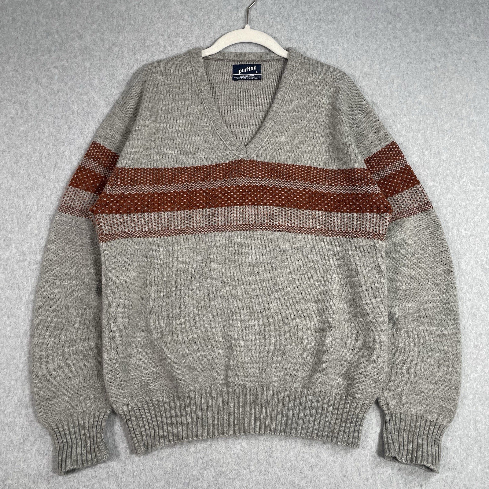 Vintage 70s 80s Puritan Sweater Mens Large Lambswool Acrylic Stripe Indie USA