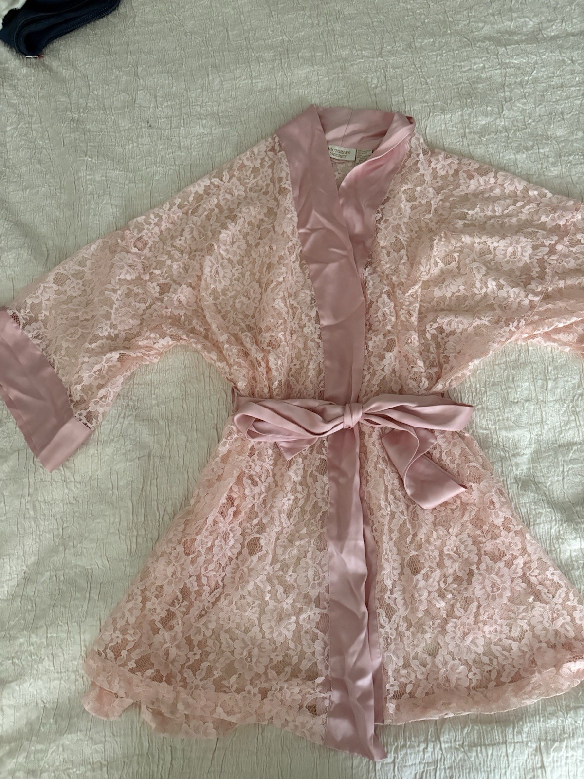Vintage Gold Label Victoria’s Secret Pink Lace Robe Satin Trim Tie Belt One Size